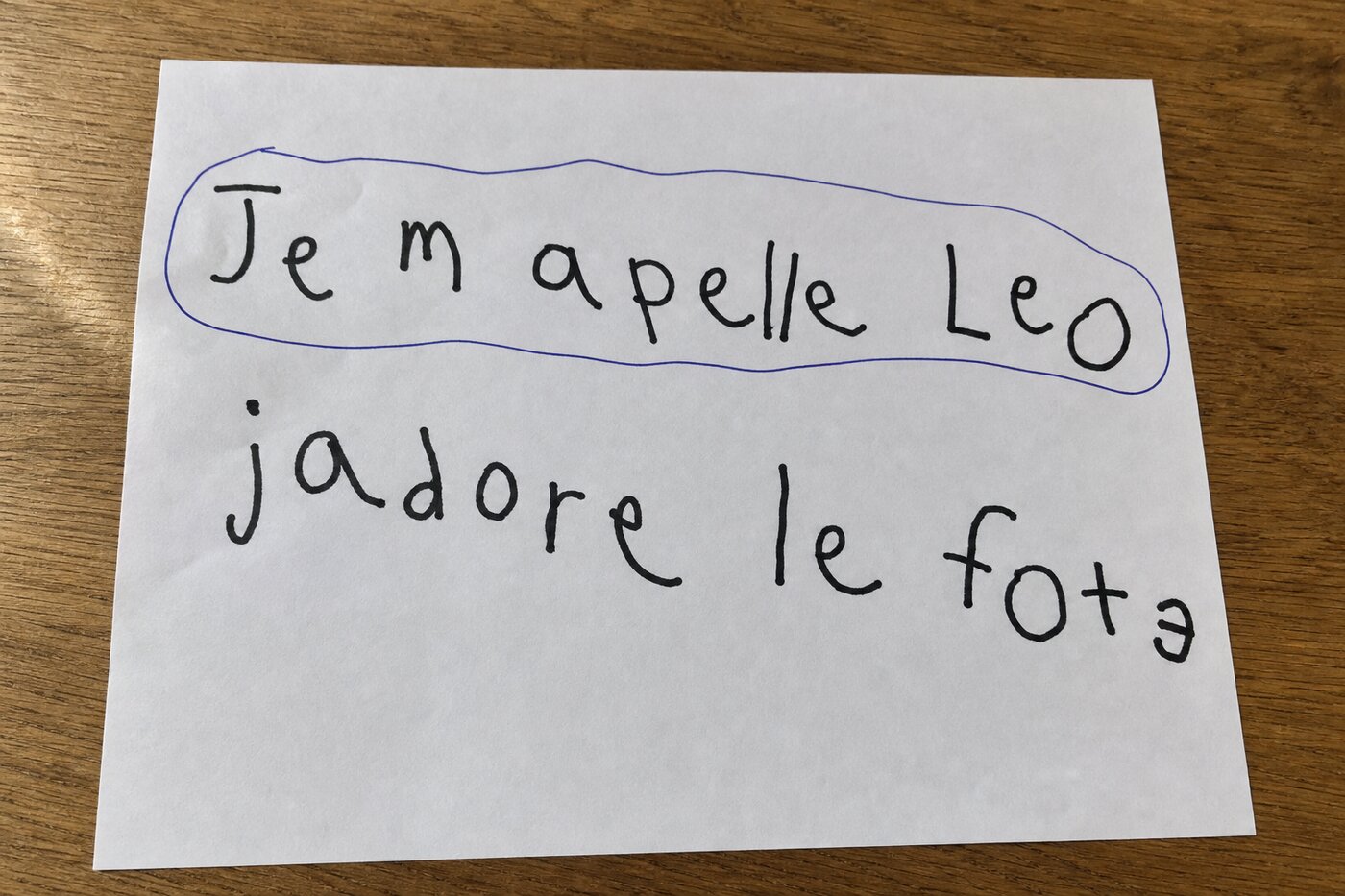 A child's handwritten note in marker: the words are misspelled, the letters are of uneven size and the lines do not stay straight.