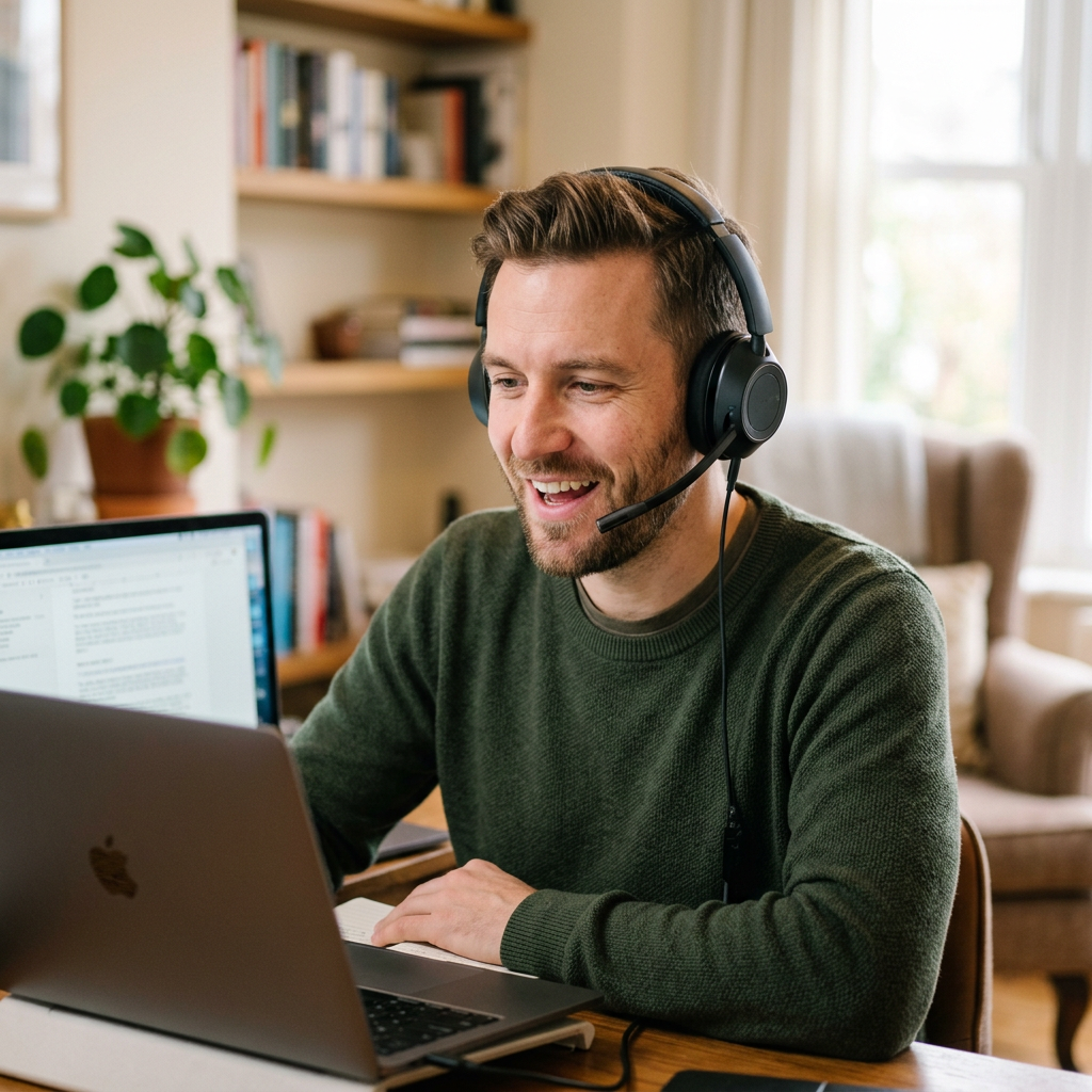A man with a headset reading aloud toward a laptop.