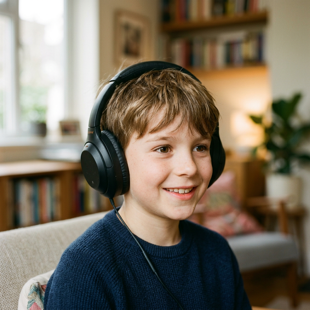 A boy wearing headphones, listening.