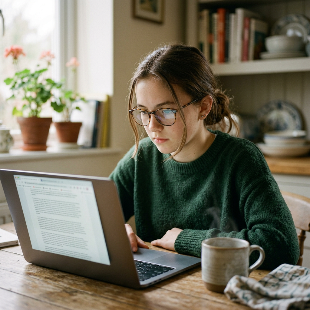 A teenager with glasses reading text on a laptop at a kitchen table.