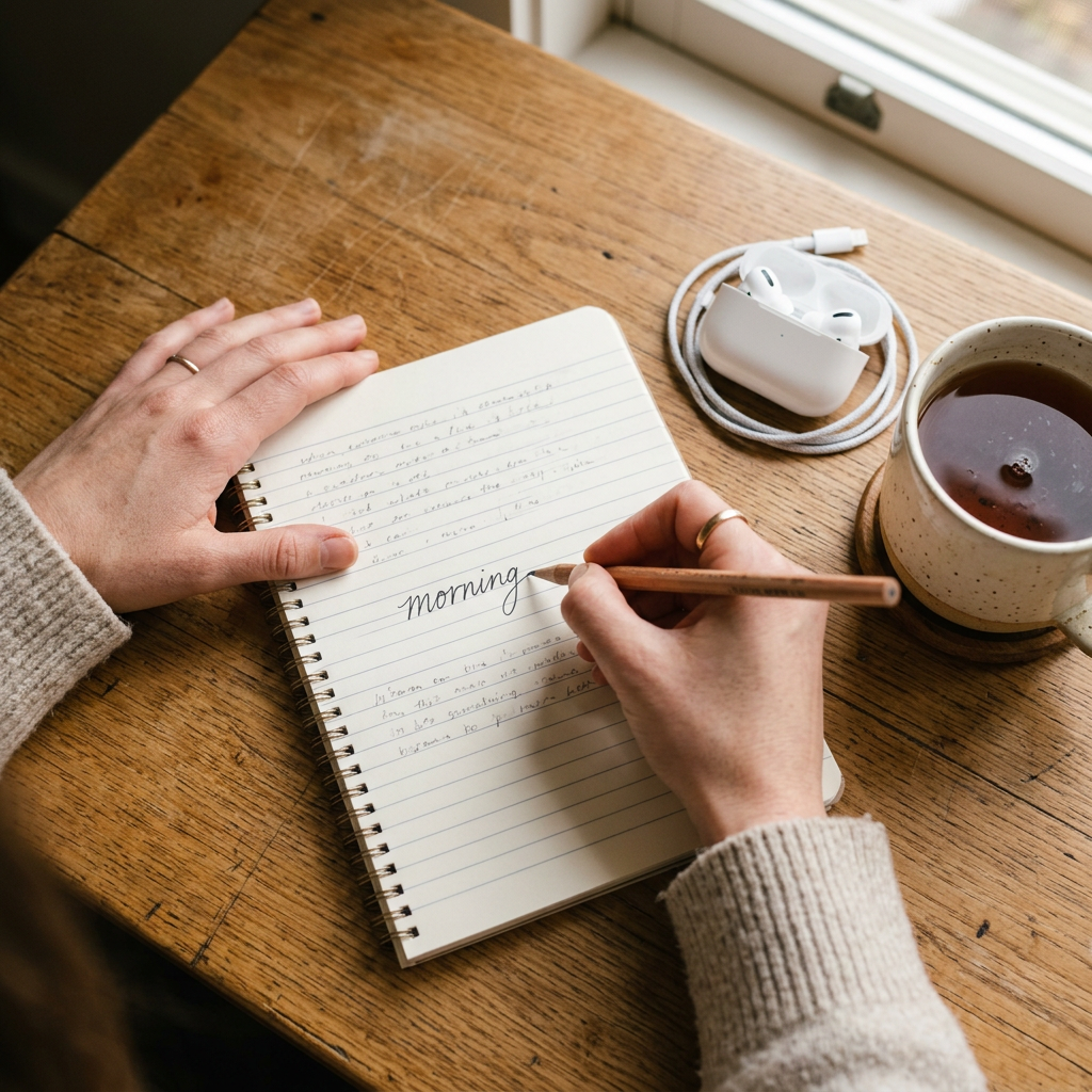 Hands writing the word morning in a notebook, with earphones and a mug beside it.
